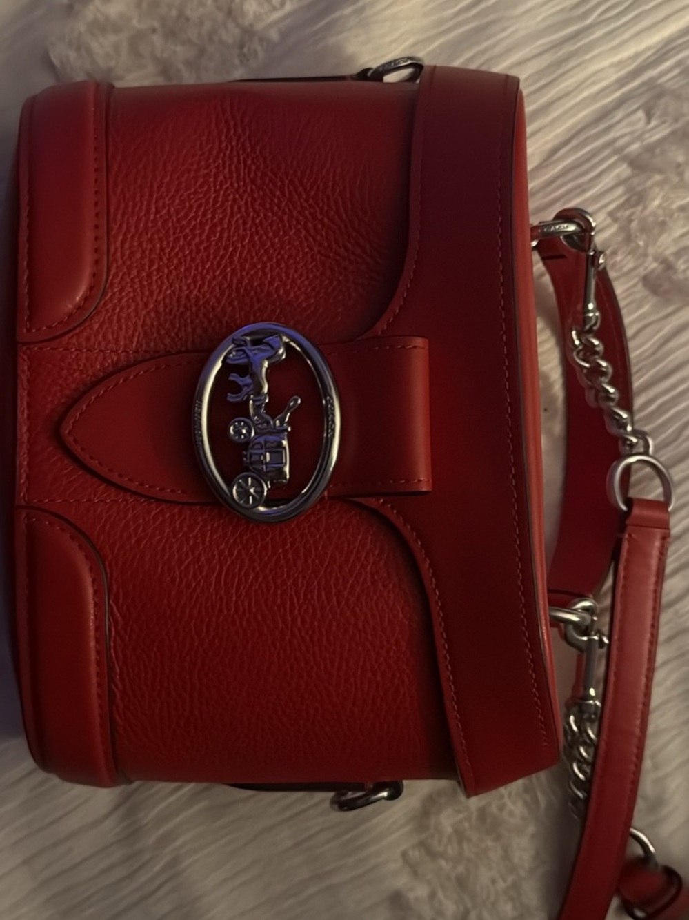 Coach Red Leather Shoulder Bag with Silver Horse & Carriage Accent